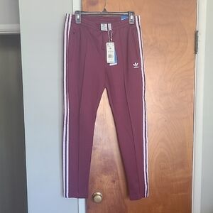 Adidas Womens Burgundy Joggers with White Stripes